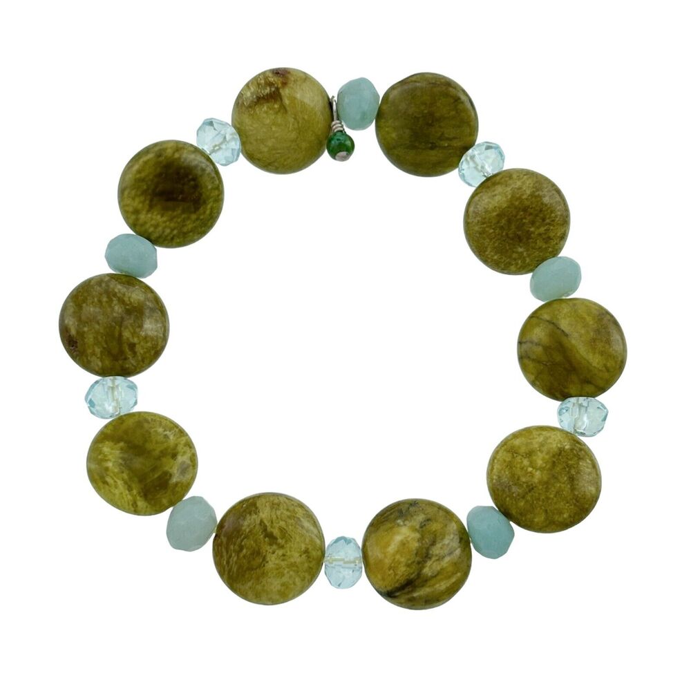 Artisan Green Jasper Chrysoprase Crystal Beaded Stretch Bracelet 5.75"